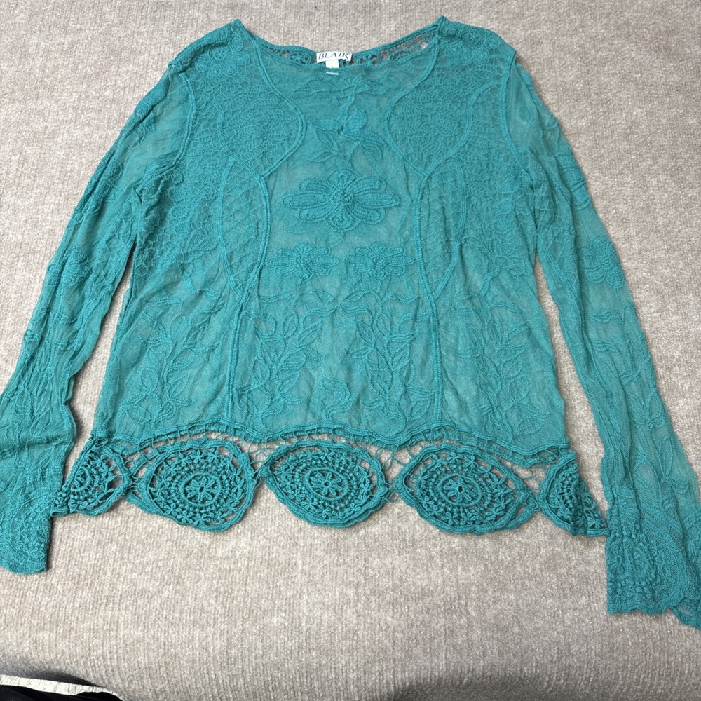 Blair Teal Lace Crochet Bell‎ Sleeve Tunic Top Shirt Size L